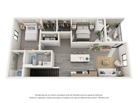 Floor plan for 2 beds, 2 baths, 970 sqft
